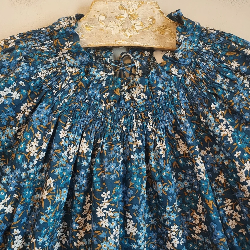 J. Crew Liberty Print Short Puff Sleeve Blue Floral Blouse Top Size XS